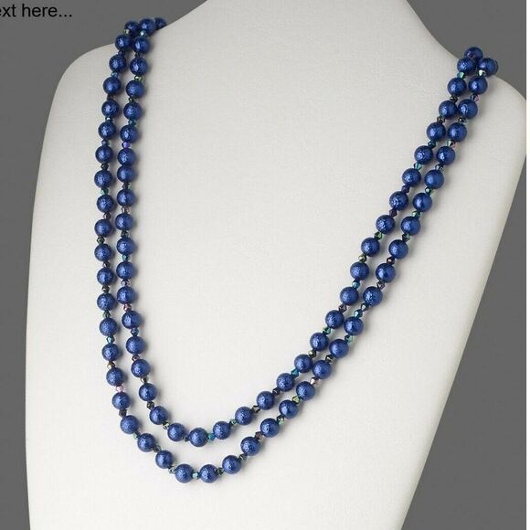 Retro Textured Glass Pearl Opera Length Necklace Cobalt Blue - Picture 1 of 4